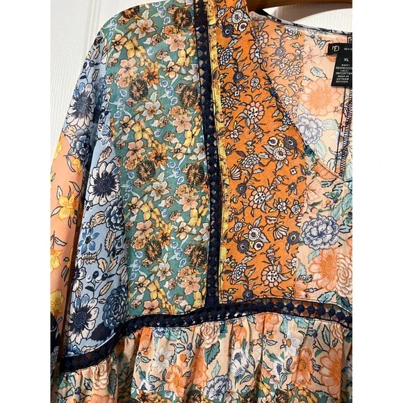 New Directions Womens XL Floral Patchwork Babydoll Blouse V-Neck Boho Lace Trim - Picture 3 of 7